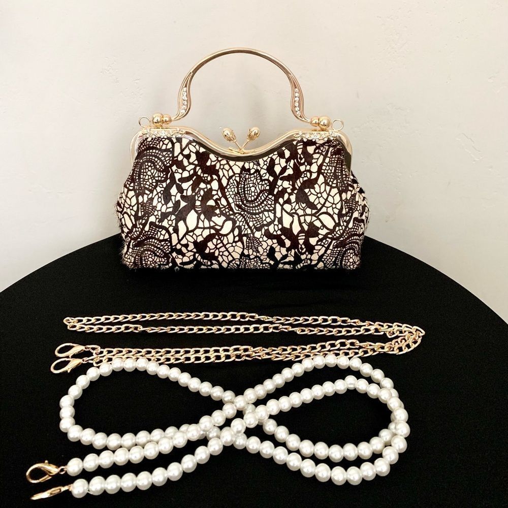 Handmade Real hair-on-horsehide Black Lace Print Kisslock Clutch/Crossbody - Picture 5 of 16